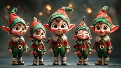 Grupo de diferentes duendes navideños felices en un ambiente festivo.