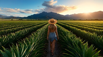 Fototapeta premium Model in trendy summer outfit walking through a lush pineapple field, golden hour sun casting long shadows, mountains in the distance, Vintage, pastel tones, Film Photography