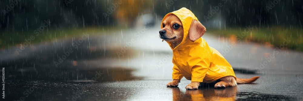 Aufkleber a cheerful small dog in a bright yellow raincoat sits on a wet pavement path during a light rain, re