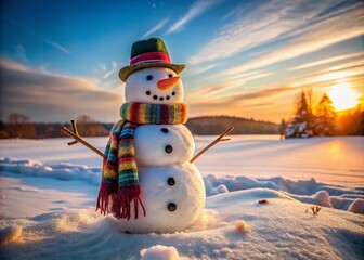 In a nostalgic winter landscape, a joyful snowman stands tall, bringing back cherished childhood memories filled with laughter, snowball fights, and winter wonder.