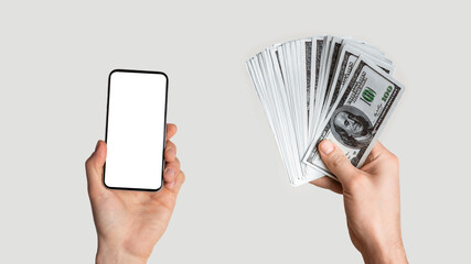 Closeup of successful man holding fan of money and showing thumb up gesture on light grey background, panorama