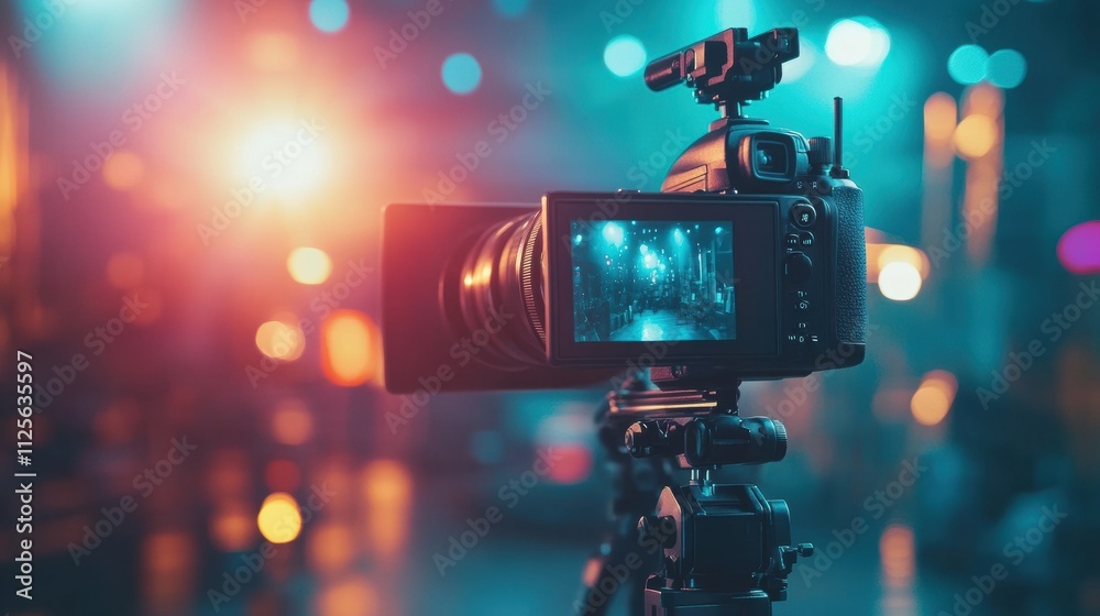 Aufkleber camera equipment is positioned to record an interview in a television studio, featuring a creative s