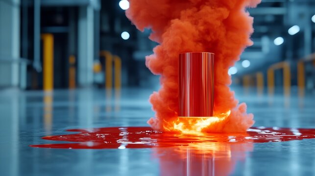 Oily red spill, abandoned industrial floor, thick smoke lingering, grunge stains, dramatic atmosphere