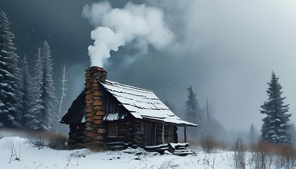 Cozy cabin surrounded by snowy pines winter landscape scenic photography serene environment atmospheric view tranquility concept for nature enthusiasts