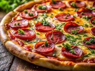 Indulge in a mouthwatering portrait of freshly baked pizza adorned with salami and melty mozzarella, showcasing a rustic crust. Ideal for culinary blogs and menus.