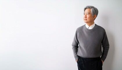 Fototapeta premium 白い背景の隅に立ち、首をかしげて落ち着いた表情を浮かべているアジア系の高齢男性。白髪の短髪、グレーのセーター、黒いスラックスの服装が、彼の穏やかで優雅な雰囲気を作り出しています。