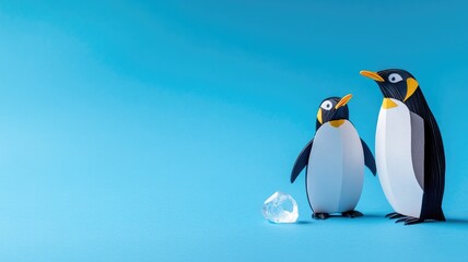 Two penguin figures stand next to ice cube against blue background