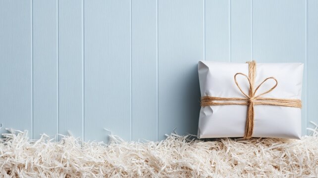 Wrapped gift with string on shredded paper against wooden background