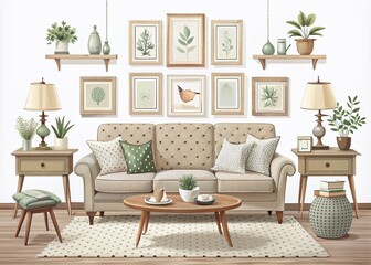 Infuse your living room with vintage-inspired decor, featuring dotted patterns and muted colors, to achieve a chic, modern atmosphere that celebrates timeless elegance.
