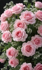 Naklejka premium A silk floral arrangement of pink roses and baby's breath, arrangement, bouquet