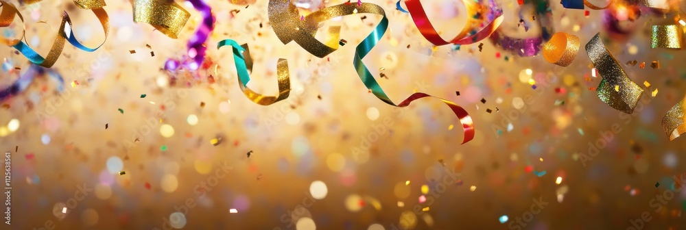 Aufkleber colorful confetti and curling ribbons cascade down against a sparkling golden background, evoking a 