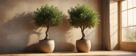 Potted olive tree on wooden wall with natural light filtering through, wooden wall, foliage