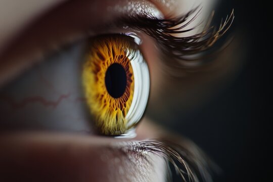 Close-up of a human eye with detailed amber iris and reflections