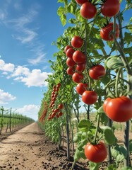 Straight row of red ripe tomatoes on a vine against the bright blue sky , garden, landscape, farm