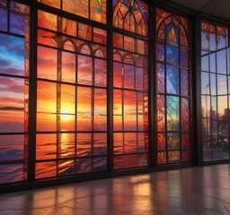 Stained glass window displays vibrant colors of sunset, sunset, warm hues, glowing glass