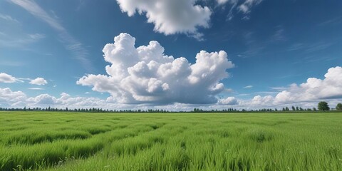 stunning blue sky with fluffy white clouds and a green field, serene landscape, blue sky