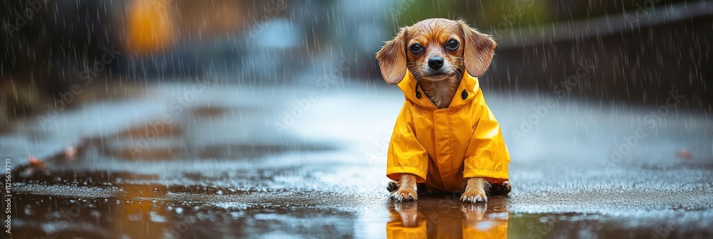 Aufkleber small dog in a bright yellow raincoat enjoys light rain while sitting on a wet street, creating a ch