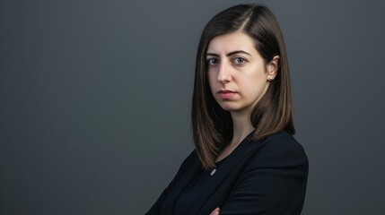 Fototapeta premium Woman with long brown hair and a black suit