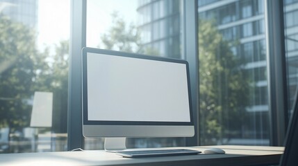 Fototapeta premium Modern desktop computer sits near window overlooking city