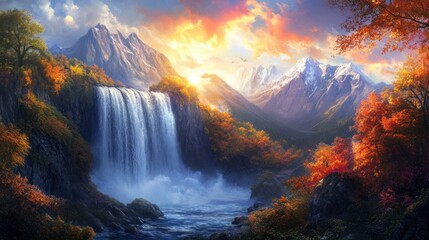 Fototapeta premium Majestic Autumn Waterfall in the Mountains: A Breathtaking Digital Painting