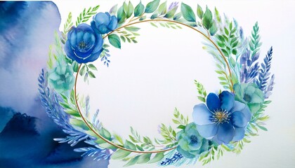 Watercolor floral wreath with blue and teal flowers. Perfect for wedding invitations or other special occasions.