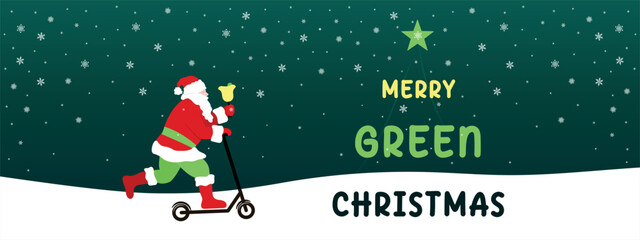 Santa riding a kick scooter, Merry Green Christmas eco friendly panoramic vector greeting card