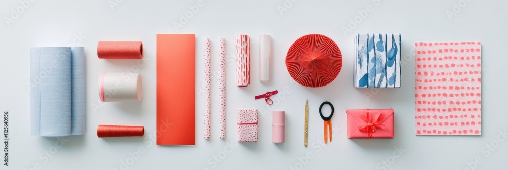 Aufkleber flat lay arrangement of colorful gift wrapping items including paper, ribbons, and cards with plenty