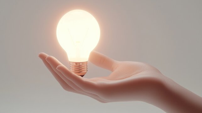 Slim, delicate hand holding a glowing light bulb, white background, crisp focus on fingers and bulb details, innovative look for energy ads