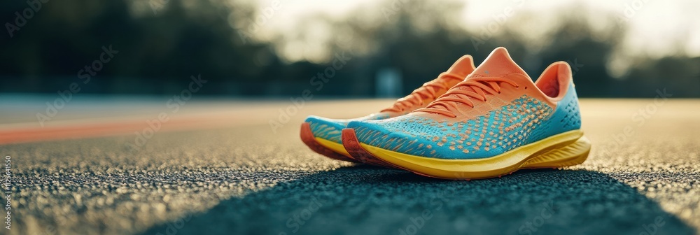 Poster bright running shoes rest on a track during golden hour, inviting athletes to lace up and hit the gr