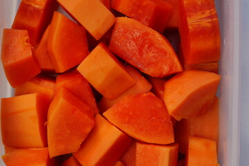 Papaya cut into pieces, ready to eat