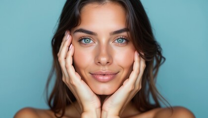 Close-up portrait of a woman with clear skin, gently touching her face, against a light blue background. Ideal for skincare and beauty concepts promoting healthy, radiant skin.

