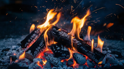 A bed of glowing embers with flames rising up from them