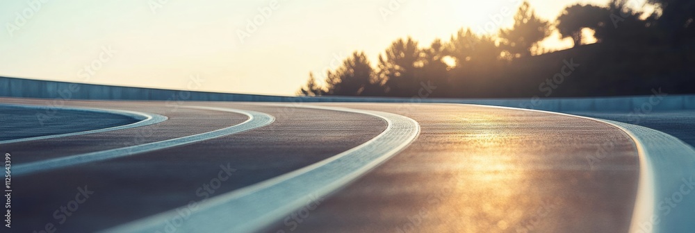 Aufkleber Curved lanes of a running track lead into the distance, bathed in the golden light of sunset, creating a serene atmosphere for athletes. Generative AI