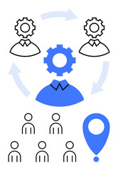 Gears integrated with human figures arrows forming a cycle, a pin, and small group icons. Ideal for leadership, teamwork, management, collaboration, direction, human resources, organizational