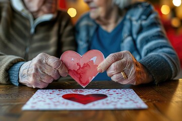 elderly couple holding a paper heart together, symbolizing love and connection at a wooden table