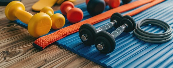 Fitness tools including dumbbells, resistance bands, and a mat on a wooden floor.