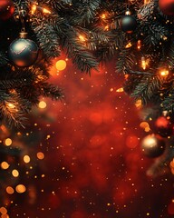 Top view of Christmas frame background with lights and branch