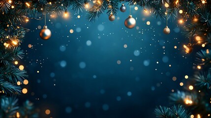 Blue Christmas frame background with lights and branch