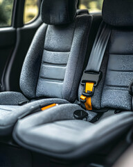 Close-up of grey car seats with yellow seatbelts, showcasing luxurious interior design and safety features.
