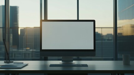 Fototapeta premium Modern Desktop Computer In Office City View
