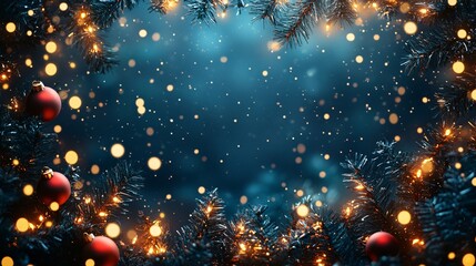 Blue Christmas frame background with lights and branch