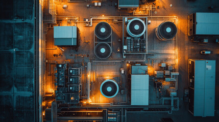 Obraz premium Aerial view of industrial site with cooling towers and pipes