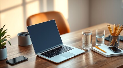 View from top on modern laptop with blank white screen with blank place on wooden table with...