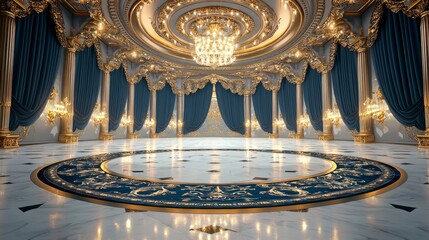 Obraz premium fantasy palace throne room, gold and black color scheme, exquisite blue drapery, intricate ceiling designs, royal interior, isolated on white background