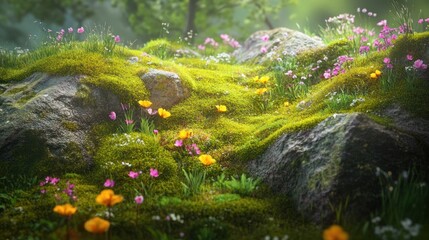 Enchanted Mossy Rock Garden: A Serene Spring Landscape