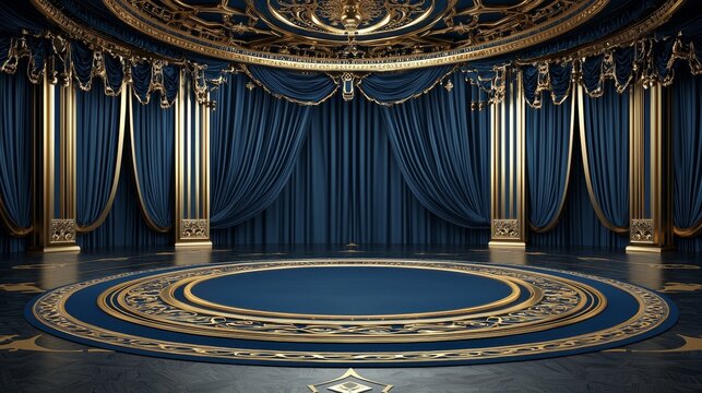 fantasy palace throne room, gold and black color scheme, exquisite blue drapery, intricate ceiling designs, royal interior, isolated on white background