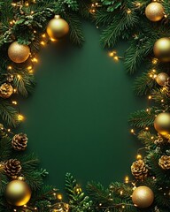 Top view of Christmas branches and lights background with copy space