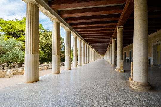 View from the interior of the colonnade of the reconstructed ancient Stoa of Attalos Museum of the Ancient Agora in Athens, Greece.