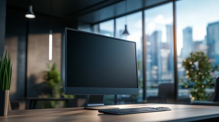 Fototapeta premium Modern Computer Desktop In Office Setting With City View