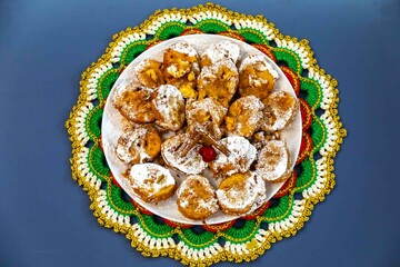 Authentic sweet Christmas French toast served with sugar and cinnamon in a Christmas atmosphere